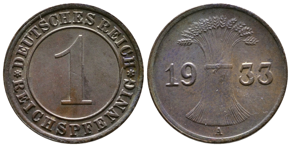 ГЕРМАНИЯ 1 РЕЙХСПФЕННИГ 1933 A KM 37, J. 313 бронза 4380-1236