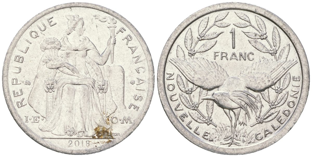 Французская Новая Каледония 1 франк 2018 птица кагу, (IEOM) KM 10, Schoen 10 алюминий 54-1941