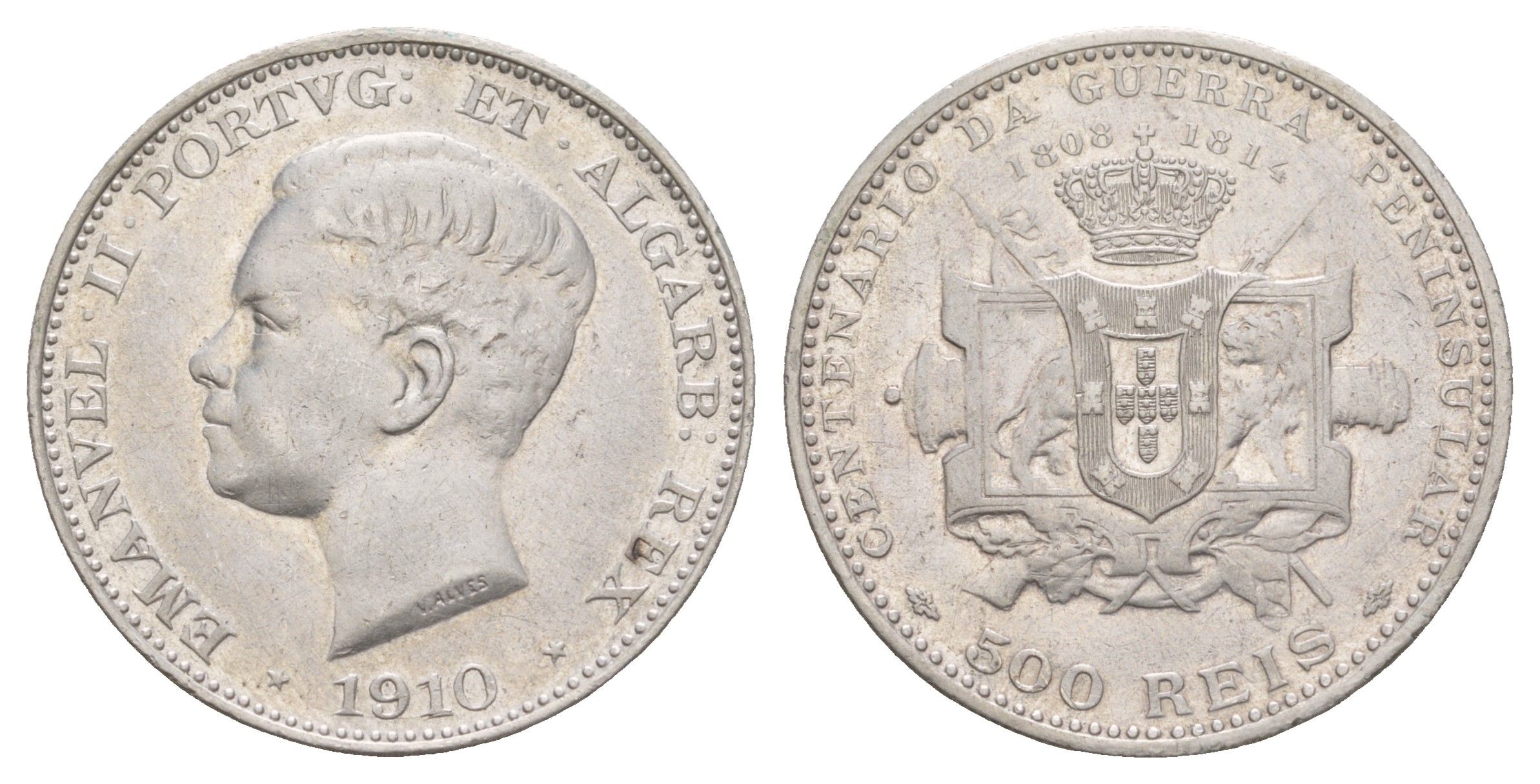 Португалия 500 реалов (рейсов) 1910 100 лет Пиренейской войне KM 556 серебро 3896-1235