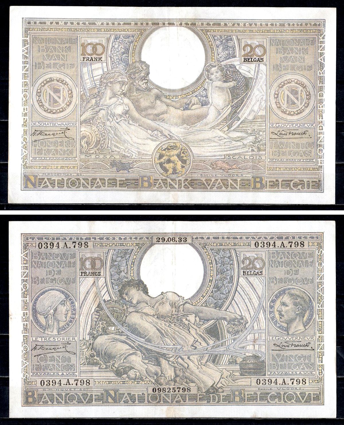 Бельгия 100 франков 1933 Королева Елизавета, король Альберт, аллегорическая женщина ("Сельское хозяйство") Аллегорические фигуры - реки Мозель (Mosa) и Шельда (Scaldis) Pick 107 бумага 6312-65-1-2