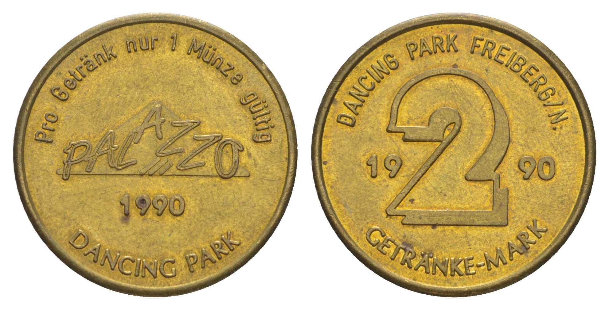 Германия жетон в 2 марки 1990 танцующий парк Фрайберг, диаметр 25 мм, вес 6 гр латунь 4171-841