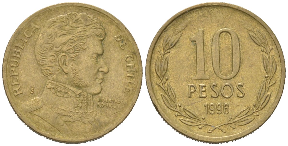 Чили 10 песо 1996 So KM 228 никель латунь 4523-333