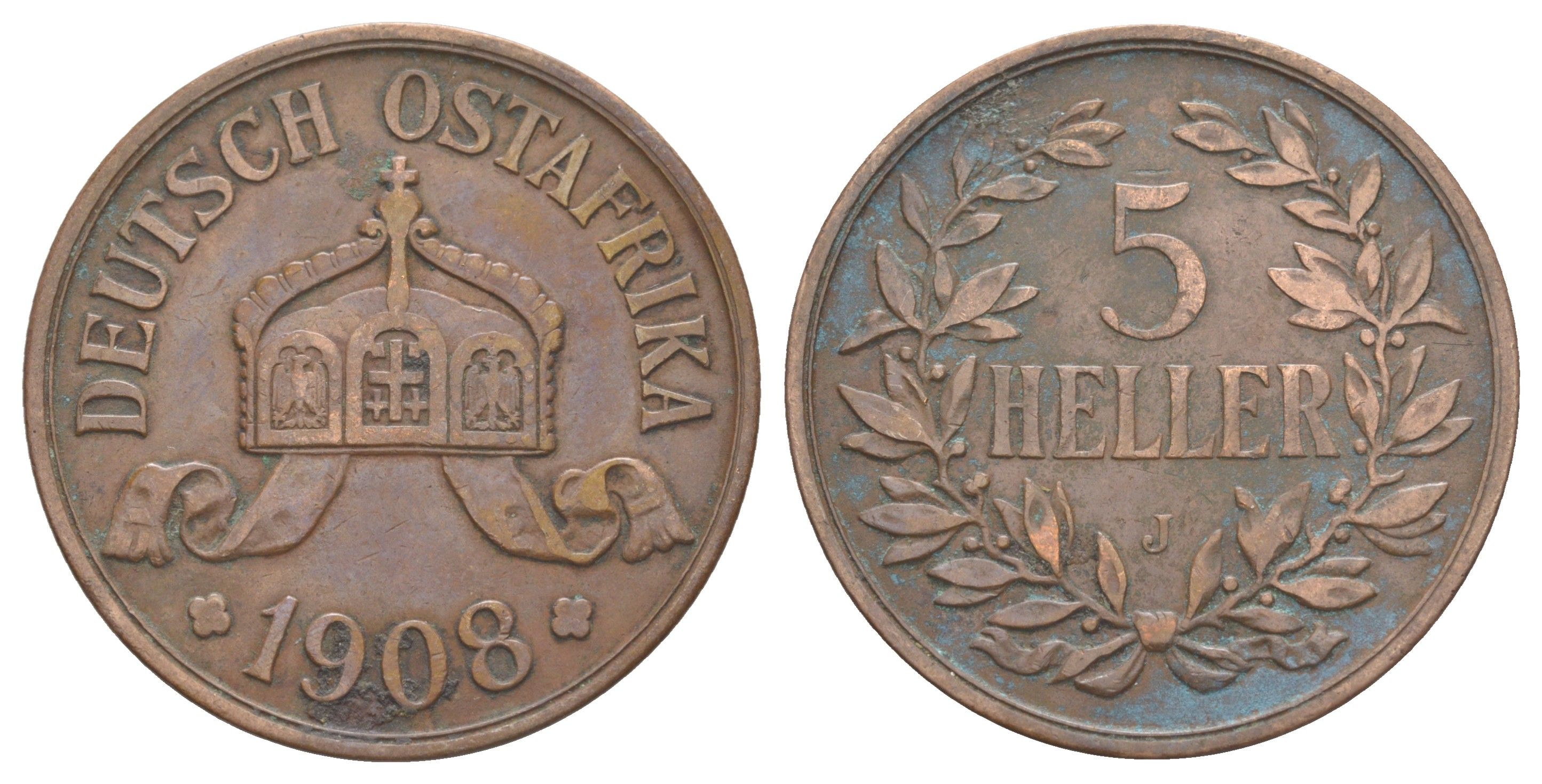 Германская Восточная Африка 5 геллеров 1908 J KM 11 бронза 4127-241