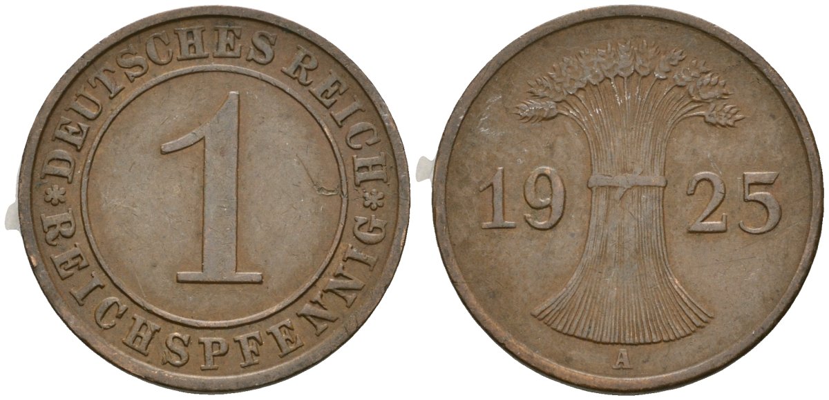 Германия 1 рейхспфенниг 1925 A KM 37, J. 313 бронза 4189-1112