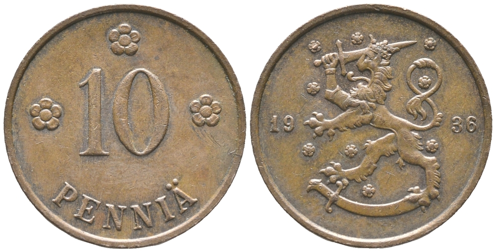 Финляндия 10 пенни 1936 республика (1918-1962) KM 24 медь 34-112