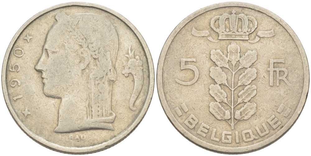 БЕЛЬГИЯ 5 ФРАНКОВ 1950 BELGIQUE, ЛЕОПОЛЬД II (1934-1950) KM 134.1 медно-никель 202-1232
