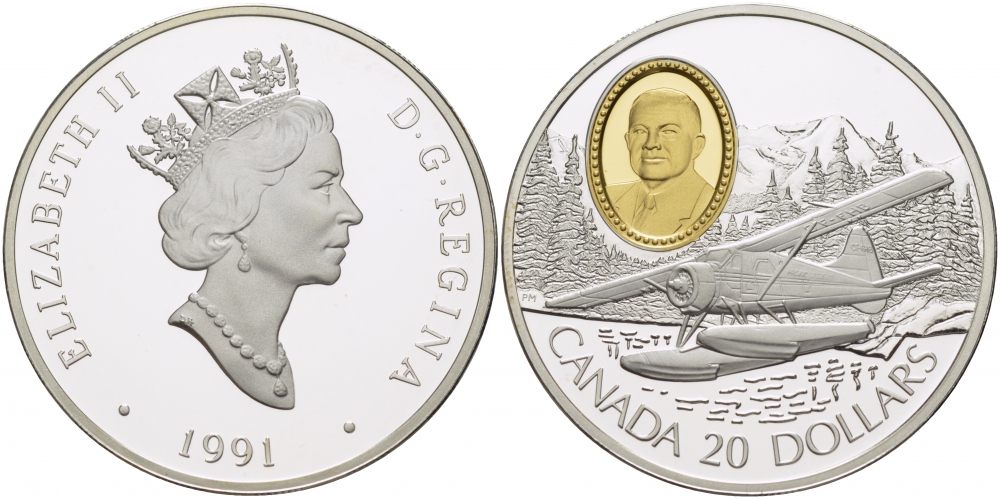 Канада 20 долларов 1991 самолет Де Хэвиленд Бивер, авиатор Филип Кларк Гаррат KM 197 серебро, позолота PROOF 1080-10-64
