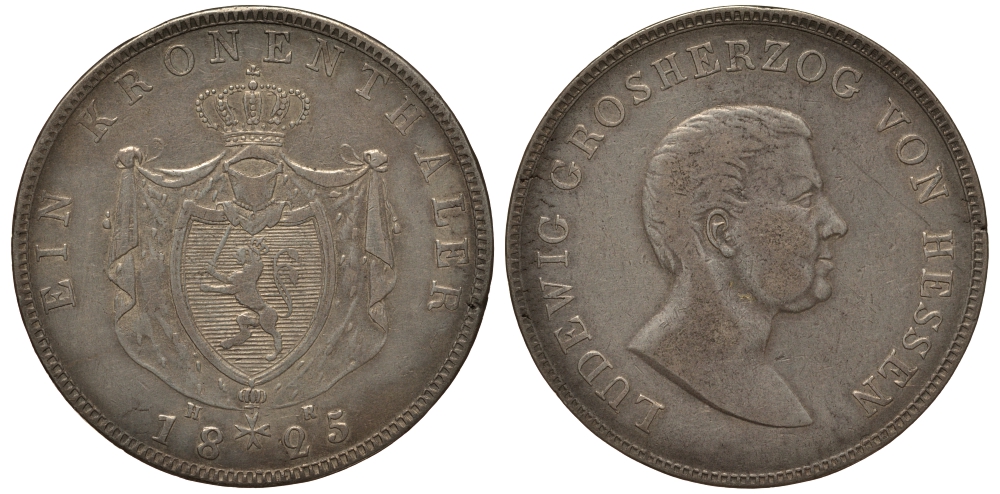 Гессен 1 талер 1825 Людвиг (X) I AKS 72 Anm., Dav. 700, Kahnt 261 a, Thun 193 серебро 00-000-00