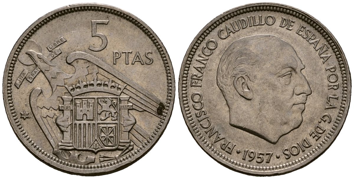 Испания 5 песет 1957 Франсиско Франко (1939 - 1975) KM 786 медно-никель 4177-857
