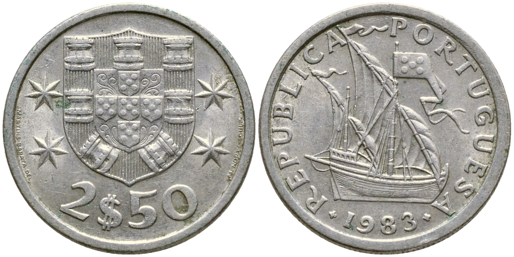 Португалия 2,5 эскудо 1983 парусник KM 590 медно-никель 4387-127