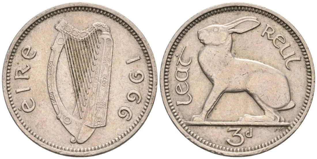 Ирландия 3 пенса 1966 заяц KM 12а медно-никель 92-237