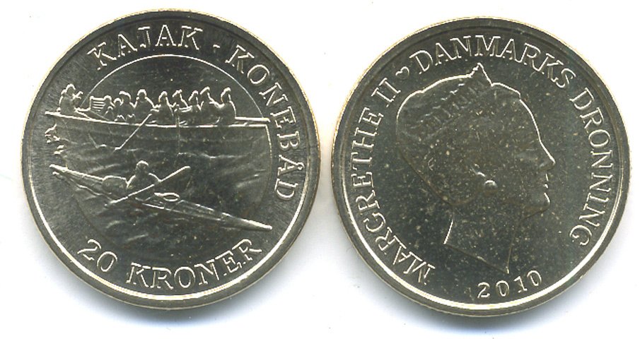 Дания 20 крон 2010 Маргарет II, Каяк-Амиак, из ролла KM 940 алюминиевая бронза UNC M5-04