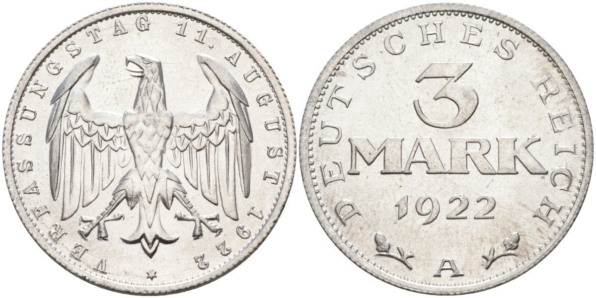 Германия 3 марки 1922 A, третья годовщина Веймарской Конституции KM 29, J.303 алюминий UNC 4587-324