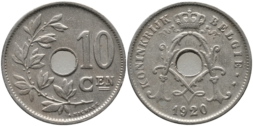 БЕЛЬГИЯ 10 САНТИМОВ 1920 BELGIE KM 86 медно-никель 4364-1014