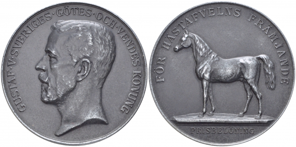 ШВЕЦИЯ НАГРАДНАЯ МЕДАЛЬ ND ЗА ЛУЧШУЮ ЛОШАДЬ, НАГРАДНАЯ, ЗА СОДЕЙСТВИЕ В РАЗВЕДЕНИИ ЛОШАДЕЙ, КОРОЛЬ ШВЕЦИИ ГУСТАВ V КОРОЛЬ ГОТОВ И ВЕНГОВ, НА ГУРТЕ SPORRONG@COZ, ДИАМЕТР 43 ММ., ВЕС 27,44 ГР. белый металл 06-131-23