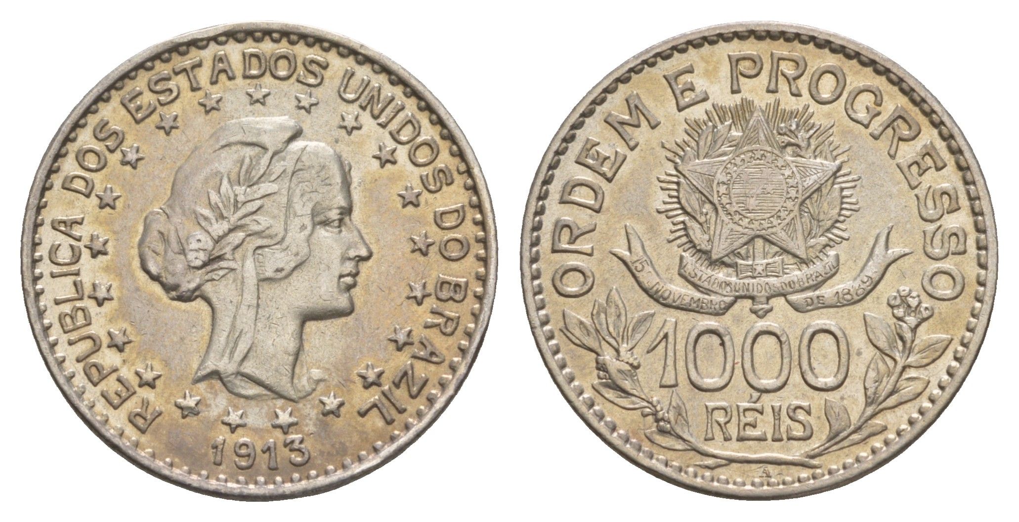 Бразилия 1000 реалов (рейсов) 1913 год-тип KM 513 серебро 1519-1541