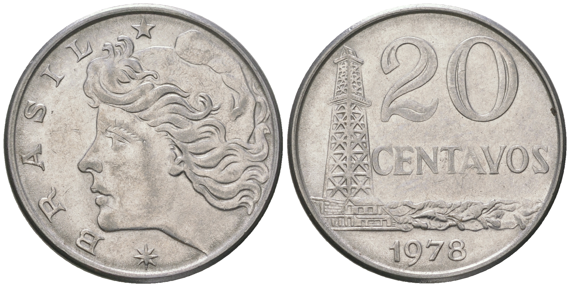 Бразилия 20 сентаво 1978 голова Свободы влево KM 579.1a, Schon 84b нержавеющая сталь 4175-434