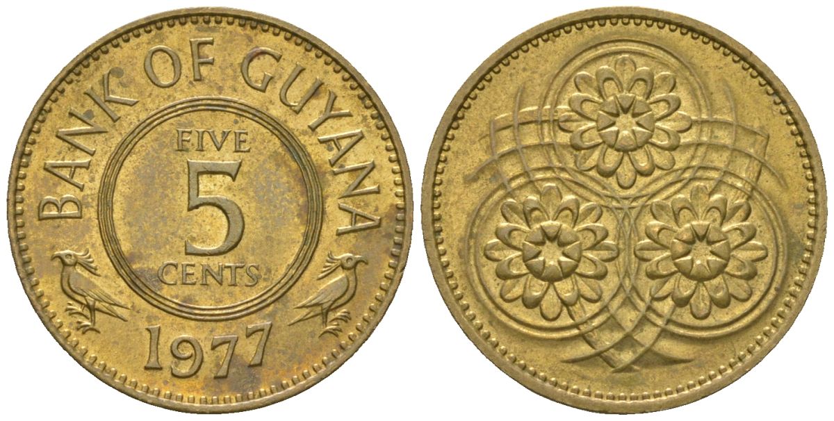 Гайана 5 центов 1977 KM 32 никель латунь 4124-425