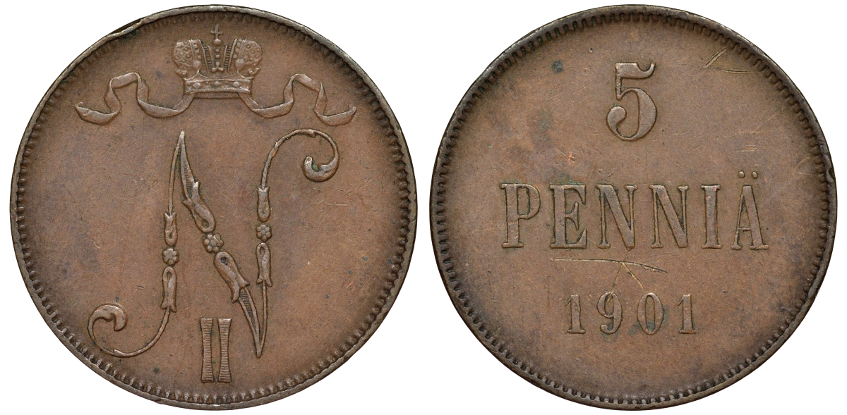 Россия для Финляндии 5 пенни 1901 Биткин 445 медь 51-1217