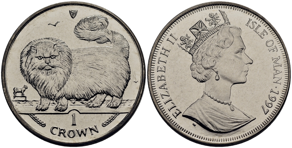 Остров Мэн 1 крона 1997 длинноволосая дымчатая кошка KM 774 медно-никель UNC 00-00