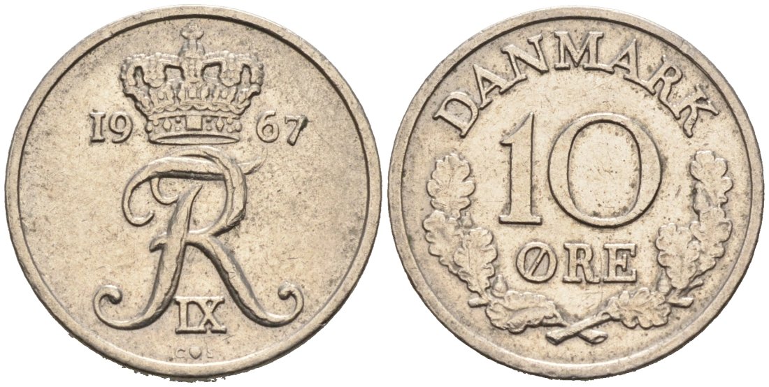 Дания 10 эре 1967 C; S, Фредерик IX (1947-1972) KM 849.1 медно-никель 4564-844