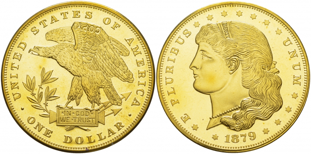 США 1 ДОЛЛАР 1879 КОПИЯ ИЗВЕСТНОЙ РЕДКОЙ МОНЕТЫ, ЖЕЛТЫЙ МЕТАЛЛ PROOF 05-086-14