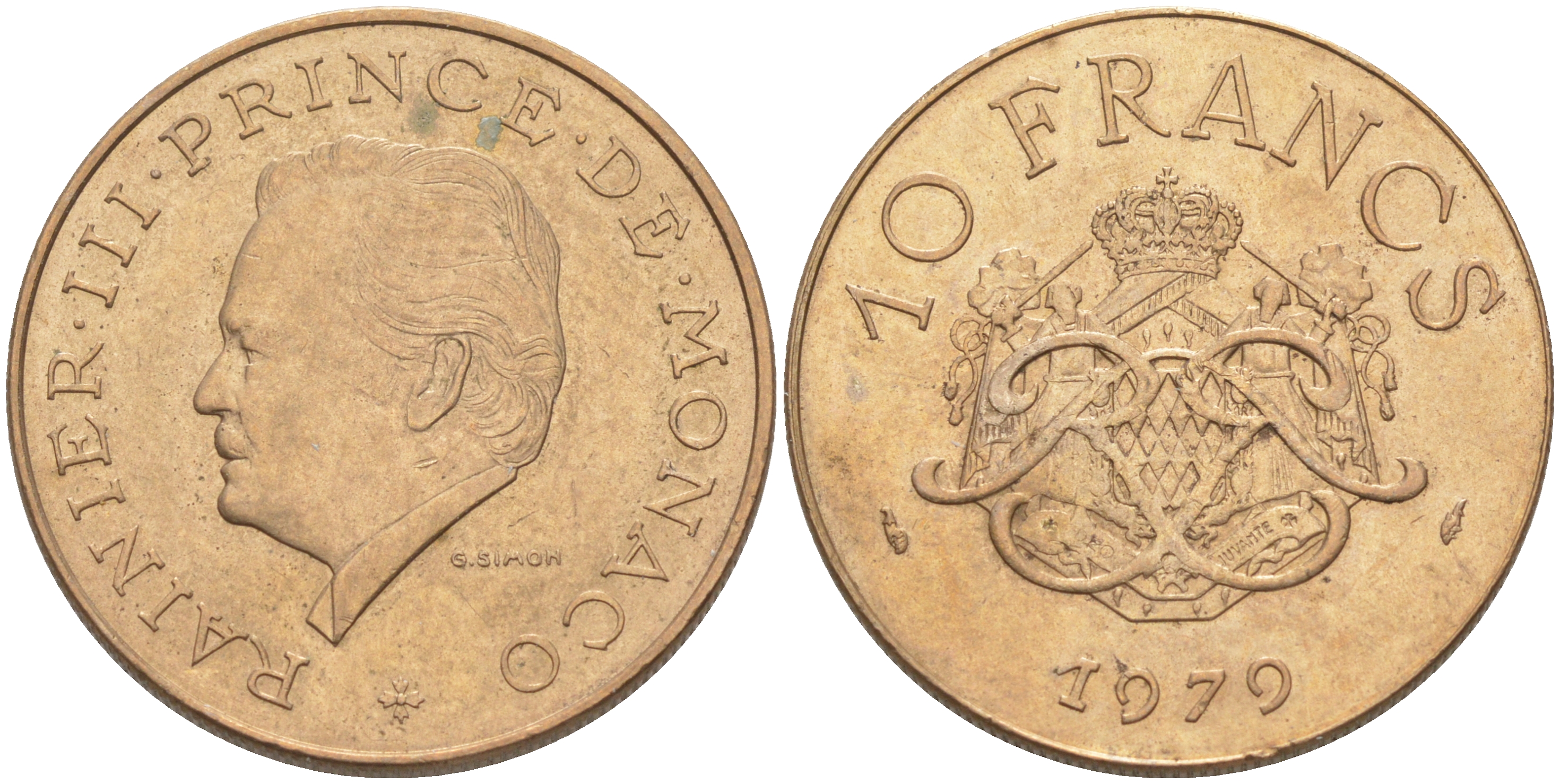 Монако 10 франков 1979 Ренье III (1949-2005) KM 154 медь никель алюминий 190-557