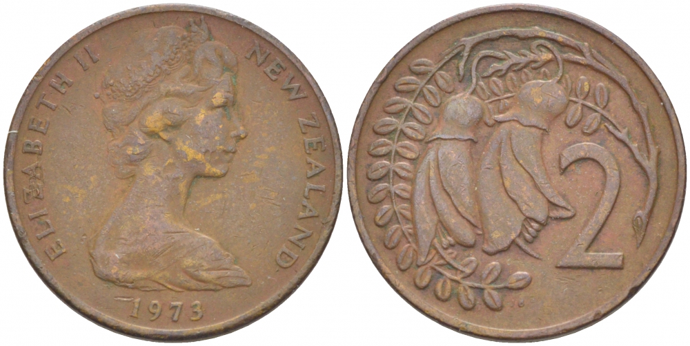 Новая Зеландия 2 цента 1973 Елизавета II (1952-2022), два цветка каухаи KM 32.1 бронза 214-841