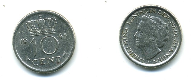 Нидерланды 10 центов 1948 Вильгельмина (1895-1948) KM 177 никель 54-1135