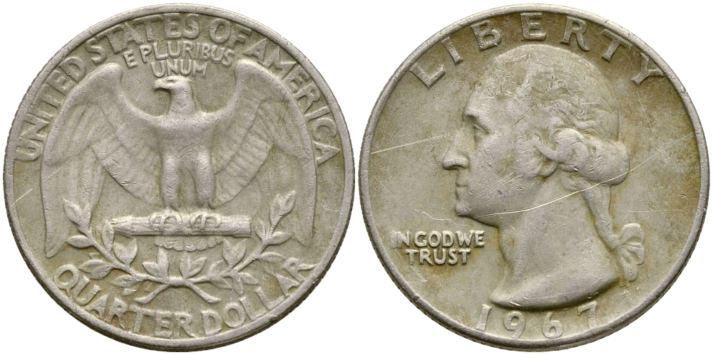 США 25 центов (квотер) 1967 Вашингтон KM 164a медь плакированная медно-никелем 4388-343