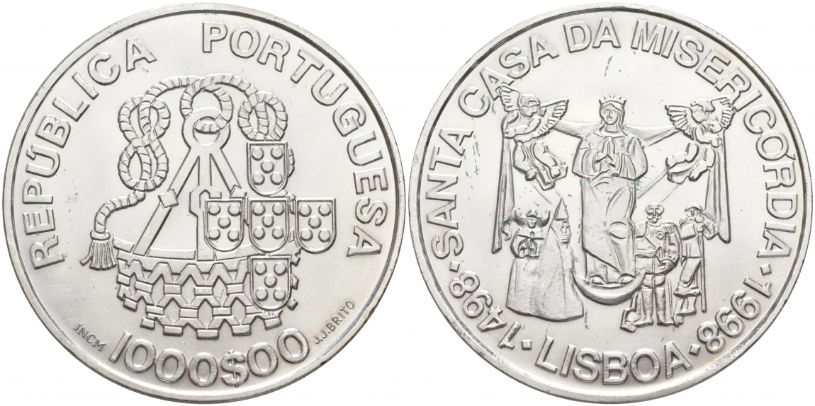 Португалия 1000 эскудо 1998 500 лет церкви Мизерикордия KM 708 серебро UNC 1081-6-64