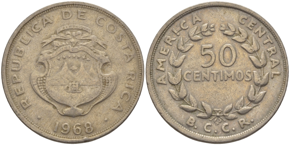 КОСТА-РИКА 50 СЕНТИМО 1968 В.С.С.R. KM 189.3 медно-никель 82-942