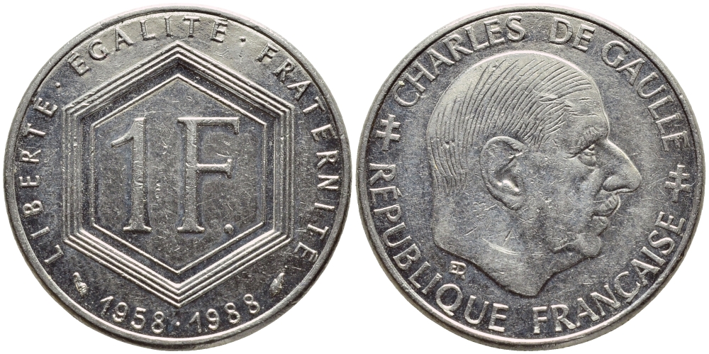 ФРАНЦИЯ 1 ФРАНК 1988 ШАРЛЬ ДЕ ГОЛЛЬ, 30 ЛЕТ РЕСПУБЛИКЕ KM 963 никель 93-1143