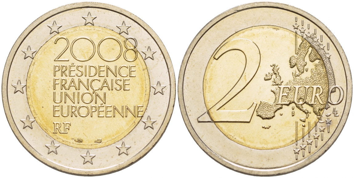 Франция 2 евро 2008 председательство в ЕС KM 1459 биметалл UNC 1094-6-53
