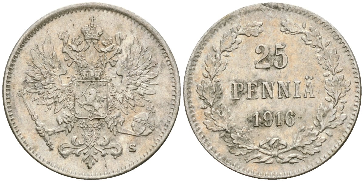 Россия для Финляндии 25 пенни 1916 S, Николай II (1894-1917) KM 6.2, Биткин 421 серебро aUNC 4580-1245