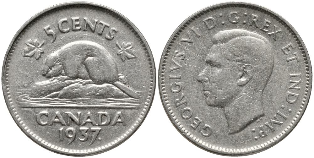 Канада 5 центов 1937 бобр Dot, Георг VI (1936-1952) KM 33 никель 4390-654