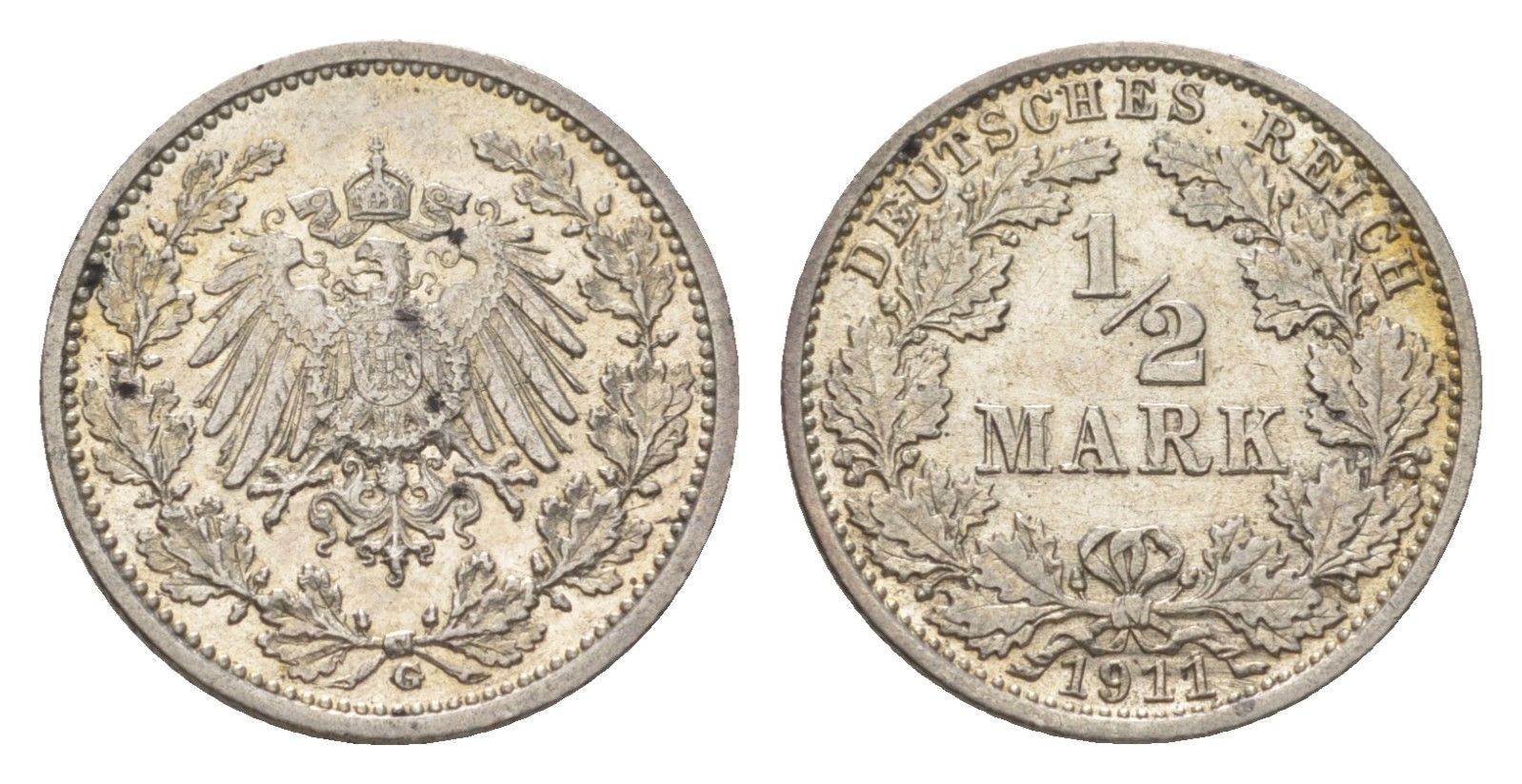 Германия 1/2 марки 1911 G, Вильгельм II (1888-1918) KM 17, J. 16 серебро aUNC 3896-735