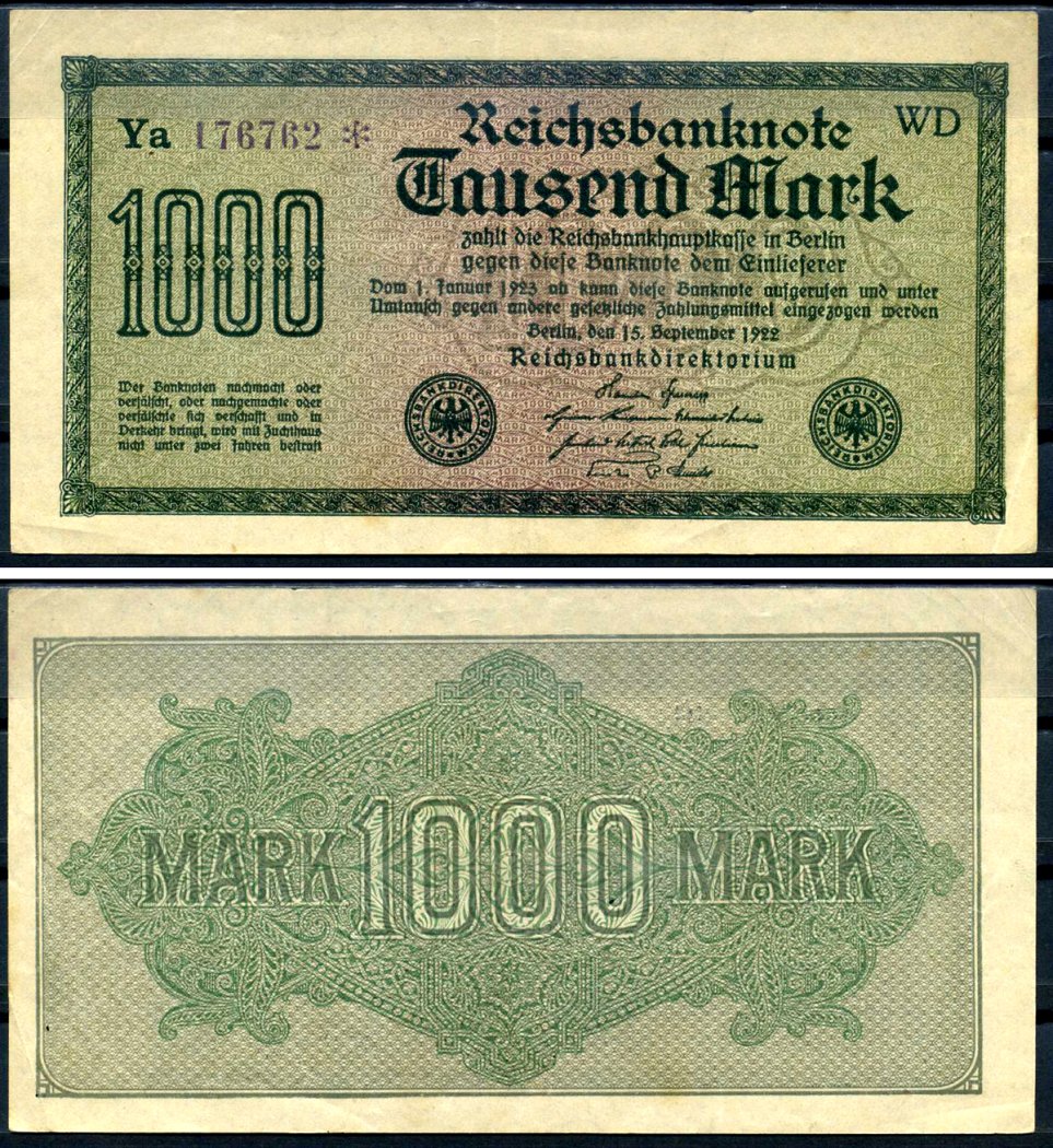 Германия 1000 марок 1922 выпуск 15 сентября 1922, водяной знак D, белая бумага, серия WS, буква Ya Pick 76 d (5) бумага 8617-45-1-1