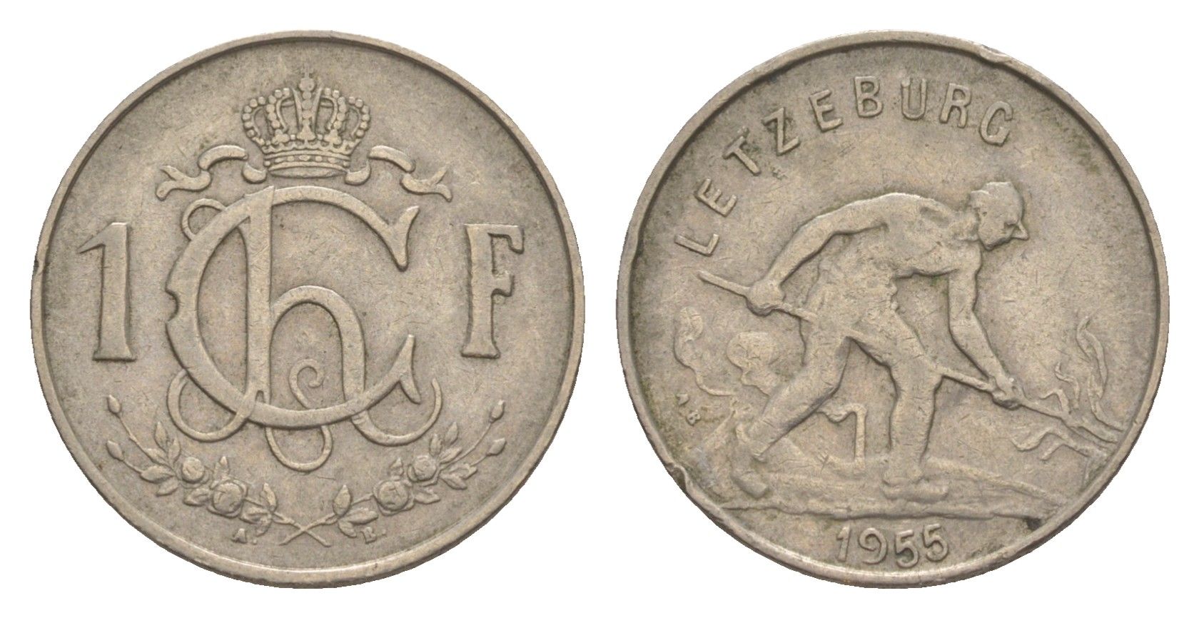 Люксембург 1 франк 1955 Шарлотта (1918-1964), сталевар KM 46.2 медно-никель 4643-528