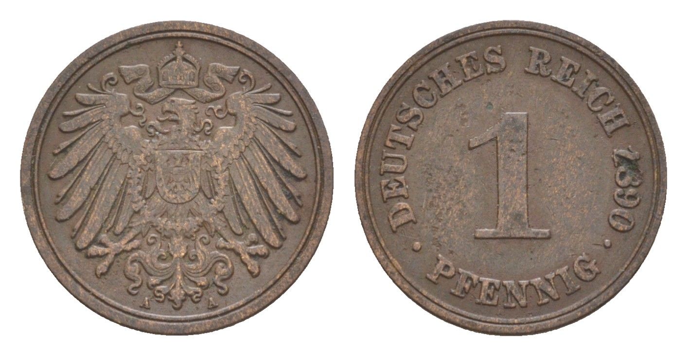 Германия 1 пфенниг 1890 A, Вильгельм II (1888-1918) KM 10, J. 10 медь 4639-1067