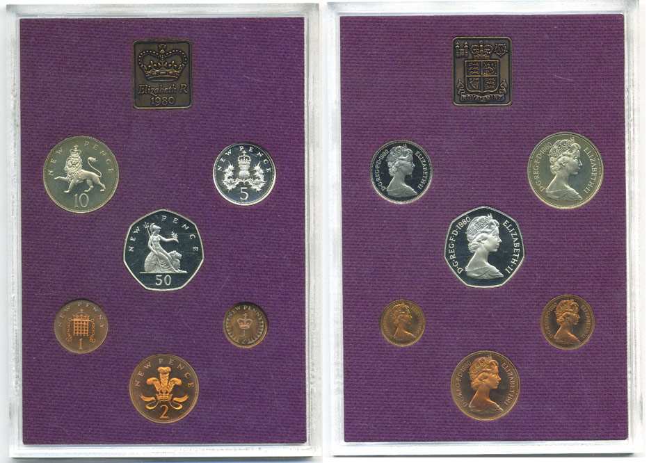 Великобритания официальный набор из 6 монет + жетон монетного двора 1980 в оригинальной пластиковой упаковке KM PS36 PROOF 1-4-2-03