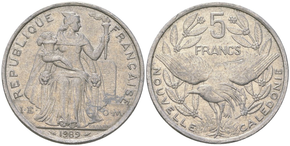 Французская Новая Каледония 5 франков 1989 птица кагу, (IEOM) KM 16, Schoen 12, Lec 77 алюминий 180-1044