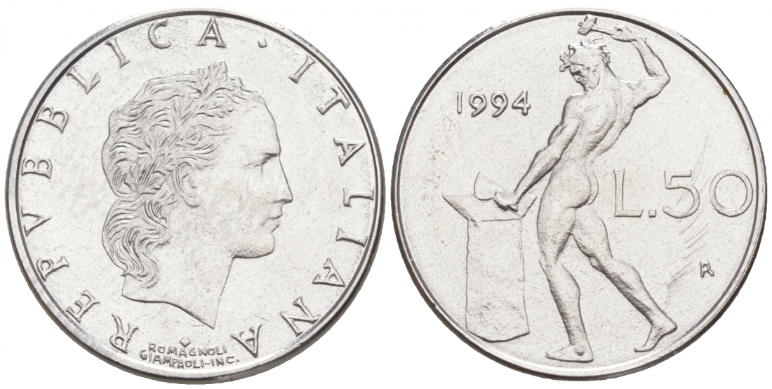 Италия 50 лир 1994 R, бог огня Вулкан у наковальни KM 95.2 нержавеющая сталь 187-153