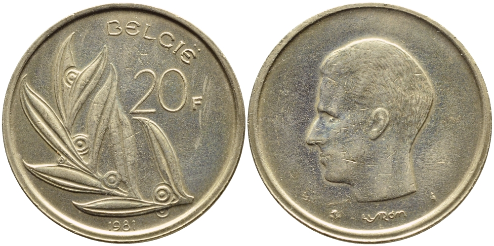 БЕЛЬГИЯ 20 ФРАНКОВ 1981 BELGIE KM 160 никель бронза 75-331