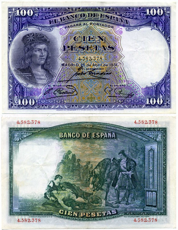 Испания 100 песет 1931 Гонсало Фернандес де Кордова, картина Касадо дель Алисаль Pick 83 бумага 00-00
