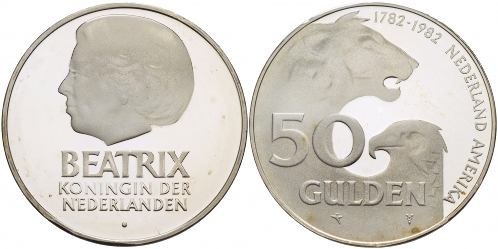 Нидерланды 50 гульденов 1982 голландско-американская дружба, королева Беатрикс KM 207 серебро PROOF 1068-2-14