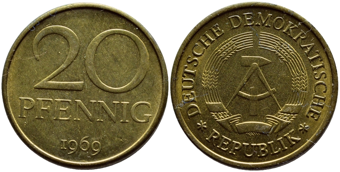 ГДР 20 пфеннигов 1969 А, первый год KM 11 латунь UNC 73-341