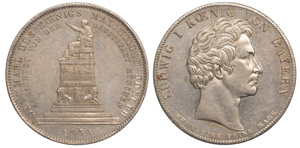 Бавария 1 талер 1835 памятник королю Максимилиану I Иосифу в Мюнхене AKS 136 a, Dav. 577, Kahnt 96, Thun 69 серебро 00-805-22
