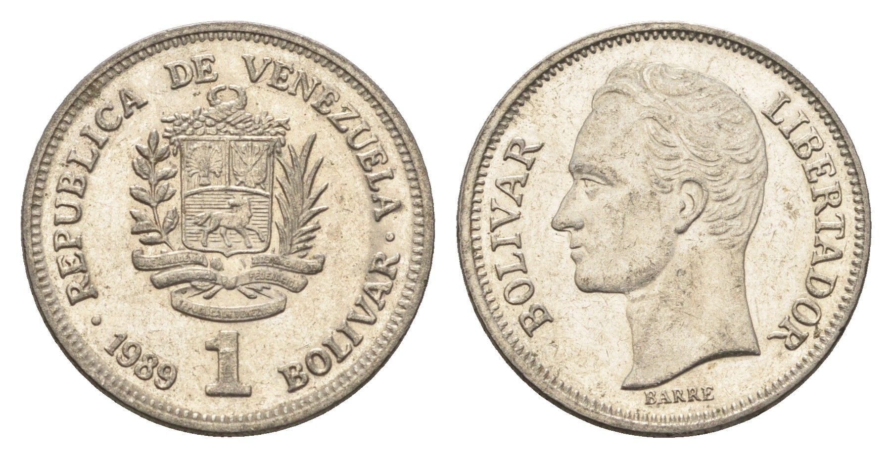 Венесуэла 1 боливар 1989 Симон Боливар, тонкий шрифт Y 52a.1 сталь плакированная никелем 4662-831