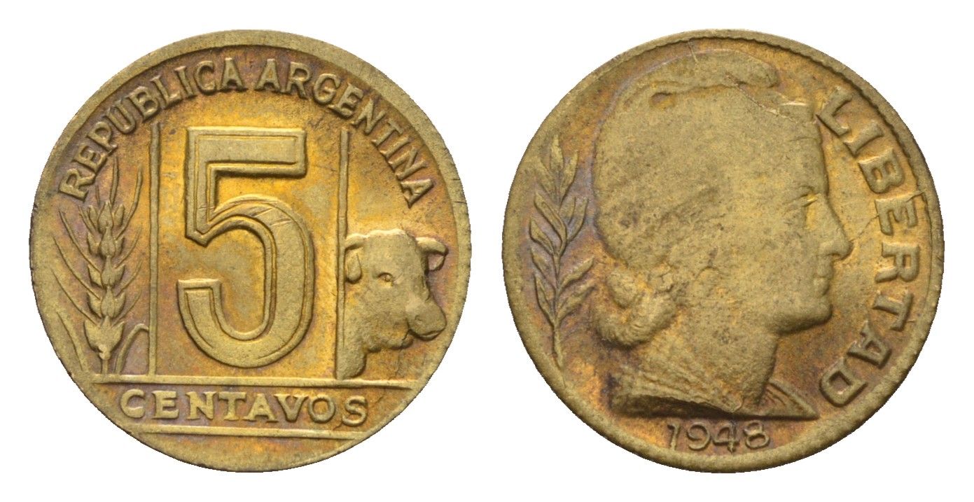 Аргентина 5 сентаво 1948 KM 40 алюминиевая бронза aUNC 54-1031